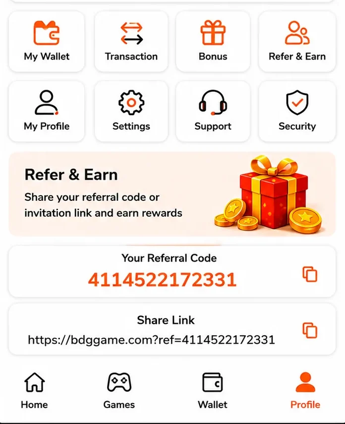 BDG referral code popular games mobile interface
