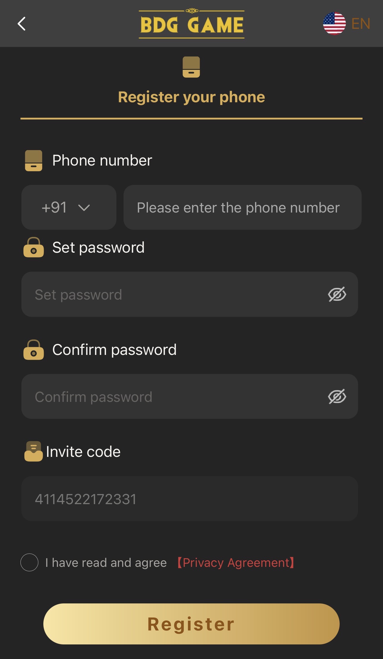 BDG Game registration form screenshot