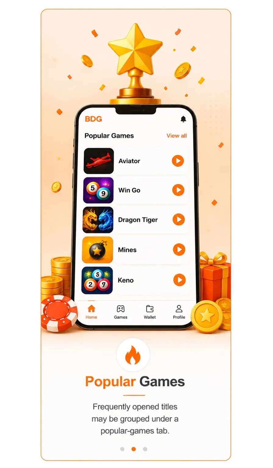 Popular BDG games including slots and quick games