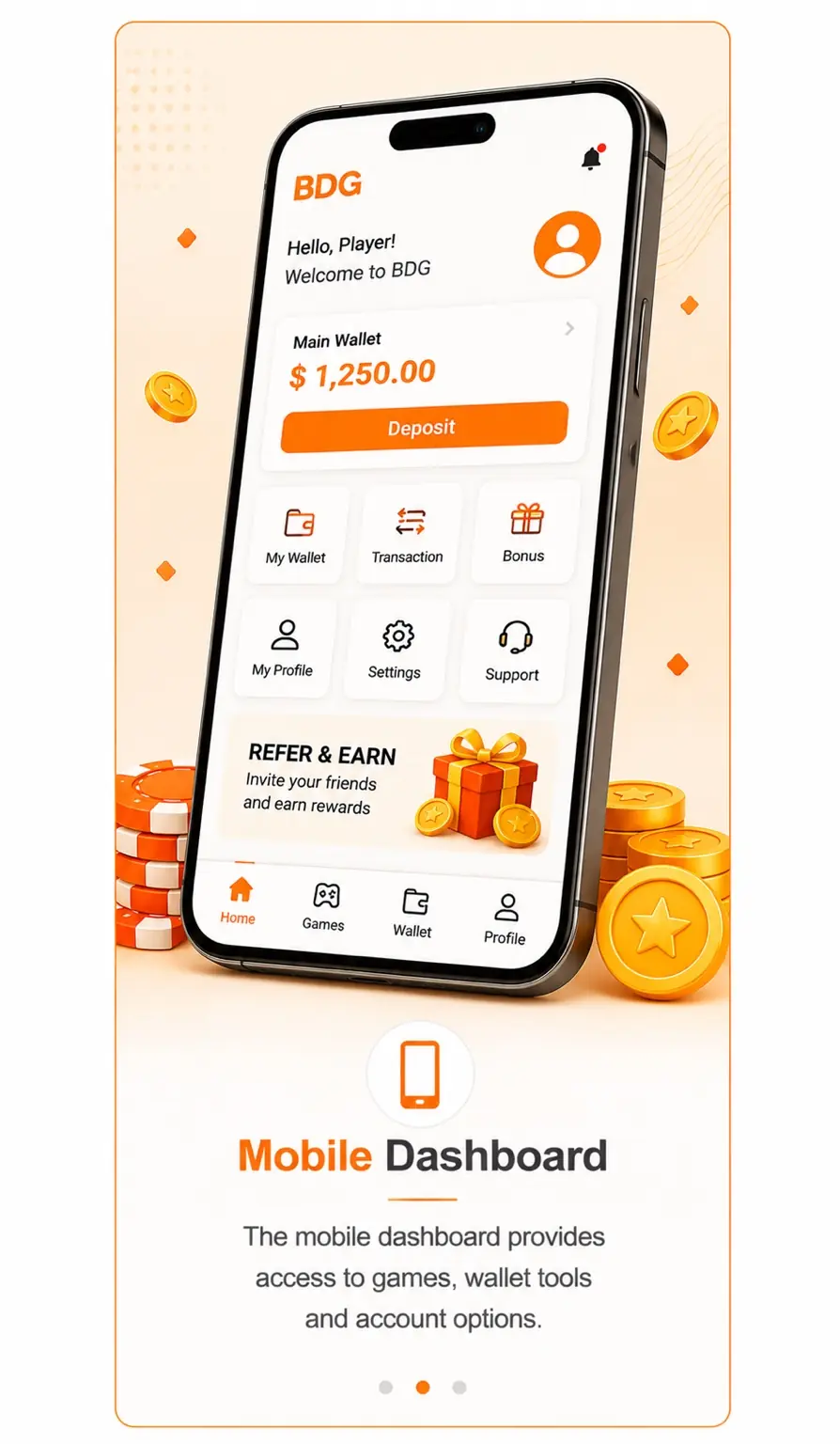 BDG mobile game dashboard and account navigation