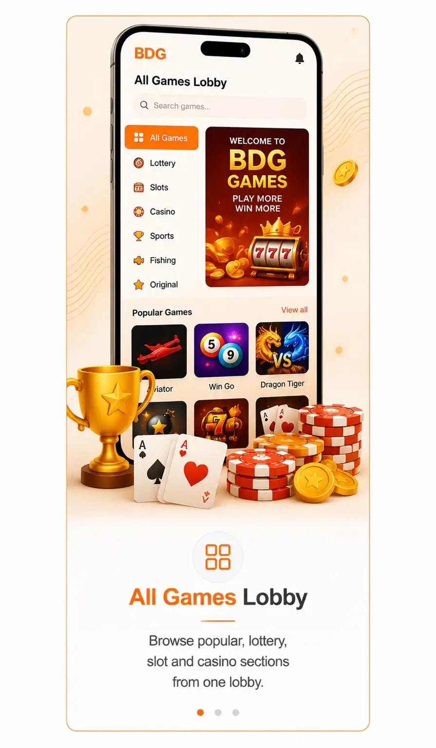 BDG All Games list showing popular game categories