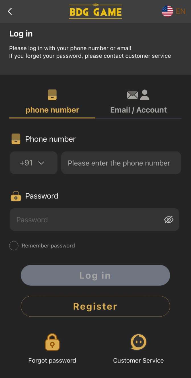 BDG Game create account screenshot